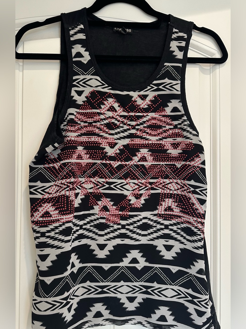 Express XS Black & White Aztec Print w/ Red Rhinestone Tank Top, Casual